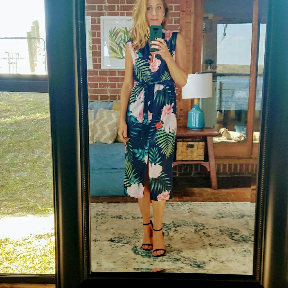 ❤ blue tropical floral midi wrap dress showpo